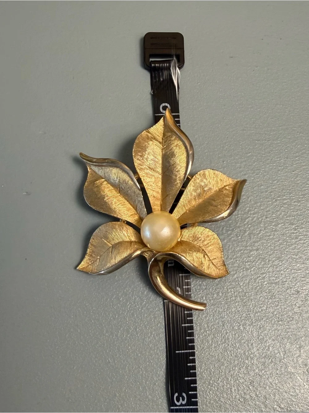 Vintage signed Crown Trifari Brushed Gold-tone Faux Pearl Flower Leaf Brooch Pin